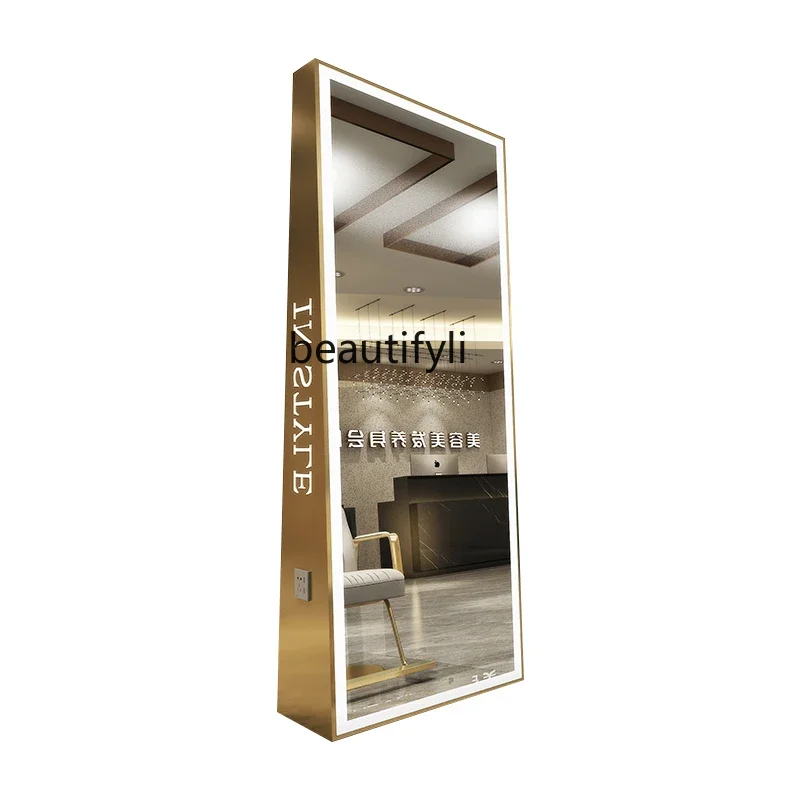 Floor lamp perm and dye wall-mounted stainless steel barber shop mirror hair salon special double-sided mirror table