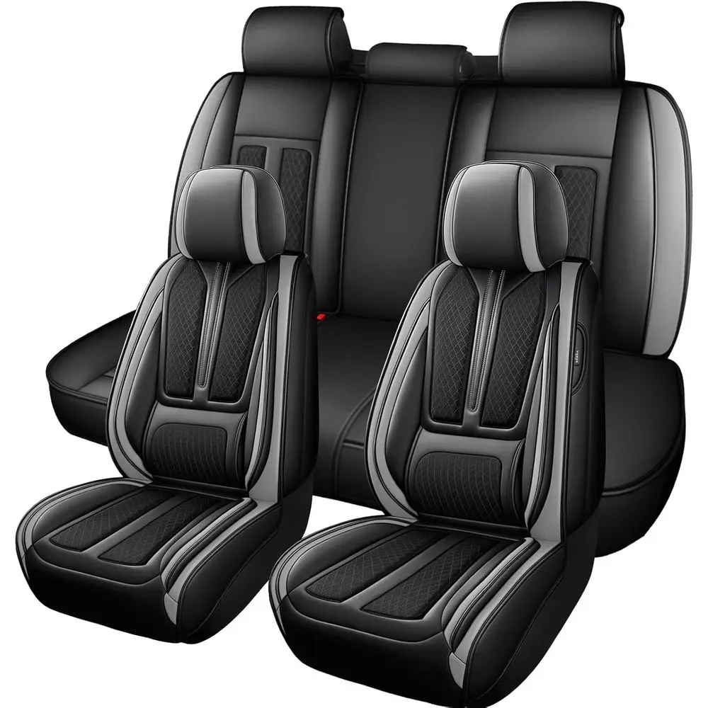 Full Set Nappa Leather Seat Covers, Waterproof Universal Car Seat Cushions, Seat Protectors for Sedans, SUVs, and Trucks, Black