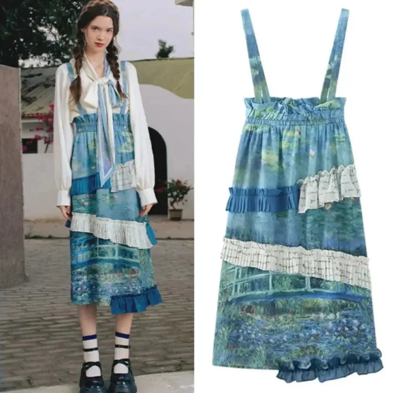 

Oil Dresses Painting Y2K Lotus Leaf Shirt Strap Half Skirt Women Retro Printed Contrasting Color Inner Loose Fitting Dresses New