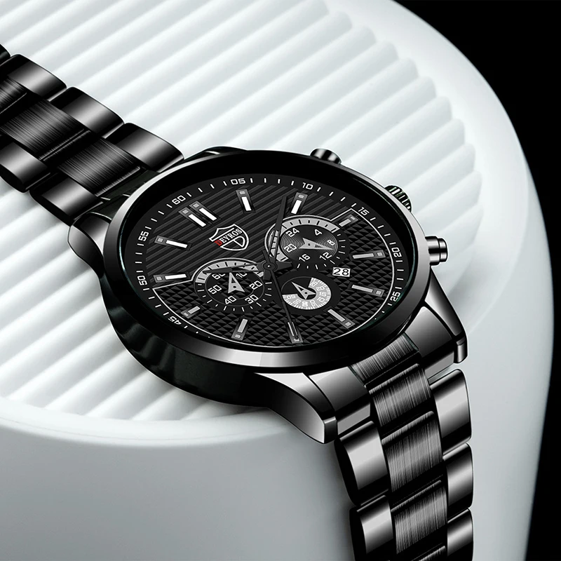 2 個ファッションメンズカジュアルビジネススポーツステンレス鋼クォーツ腕時計カレンダー男性クラシックブレスレットセット