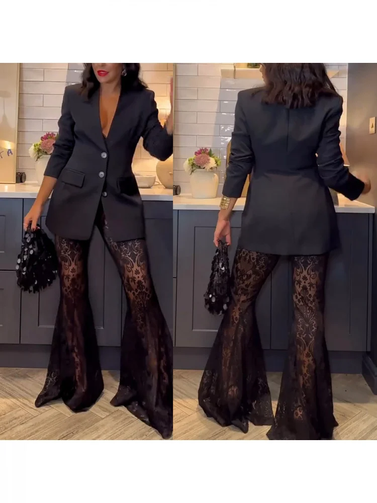 

Casual Style Long Sleeve Lace Suit Set Women's Loose Fit Two Piece Set Fashionable Spring Autumn Outfit Polyester Blend