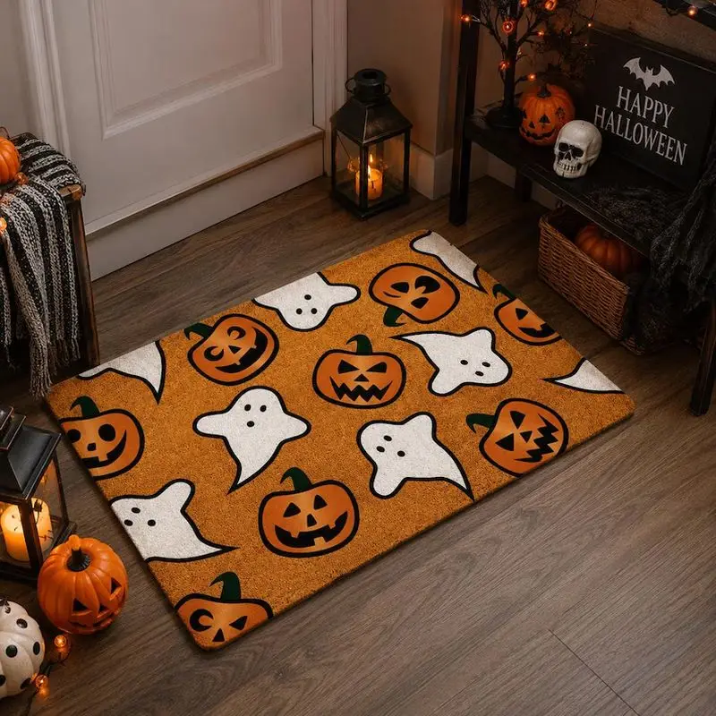 VIKAMA Halloween Pumpkin Ghost Doormat Non‑Slip Floor Rug for Indoor Outdoor Entrance Holiday Home Decoration