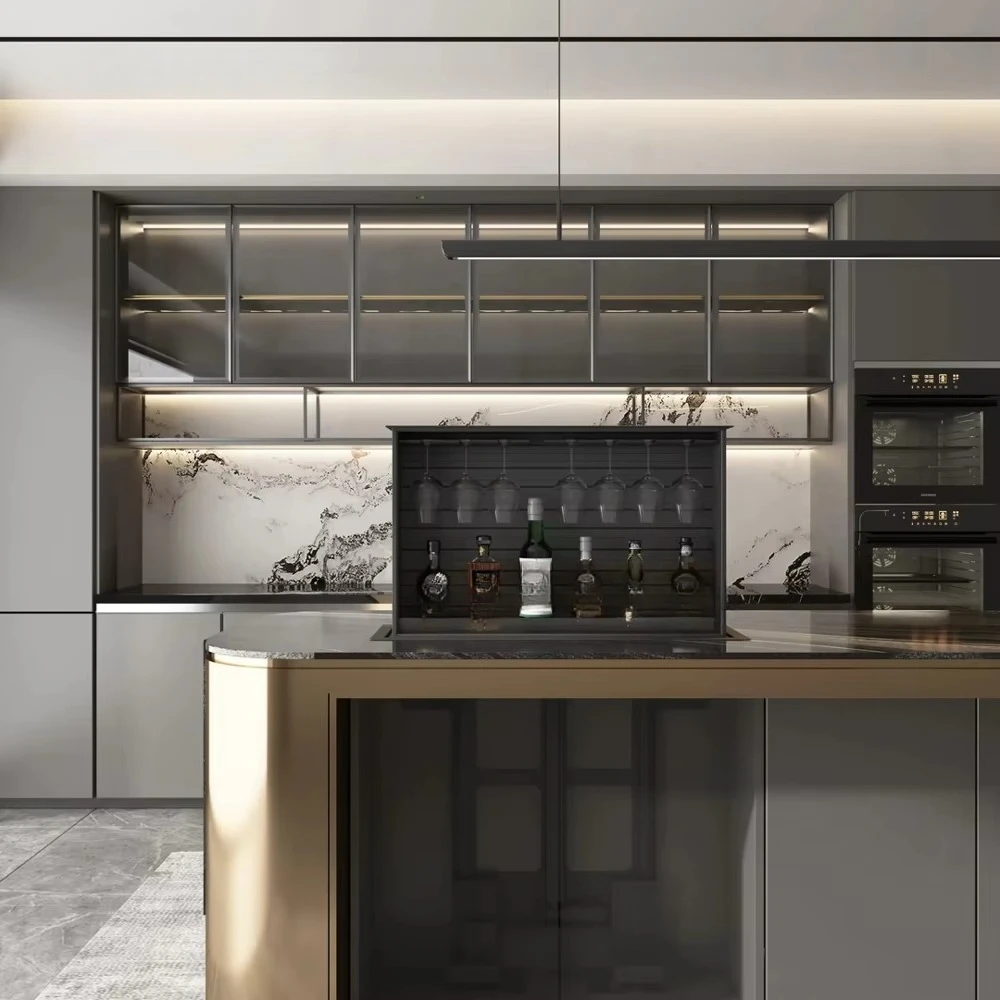 Kitchen Furniture Smart Touch Voice Control Electric Lift Rack Wine Cabinet Island Storage