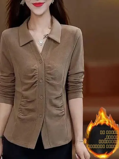 

Теплая термо-футболка с длинным рукавом для женщин, осенне-зимняя, новый дизайн, облегающая, скрывающая живот, на пуговицах, повседневный топ