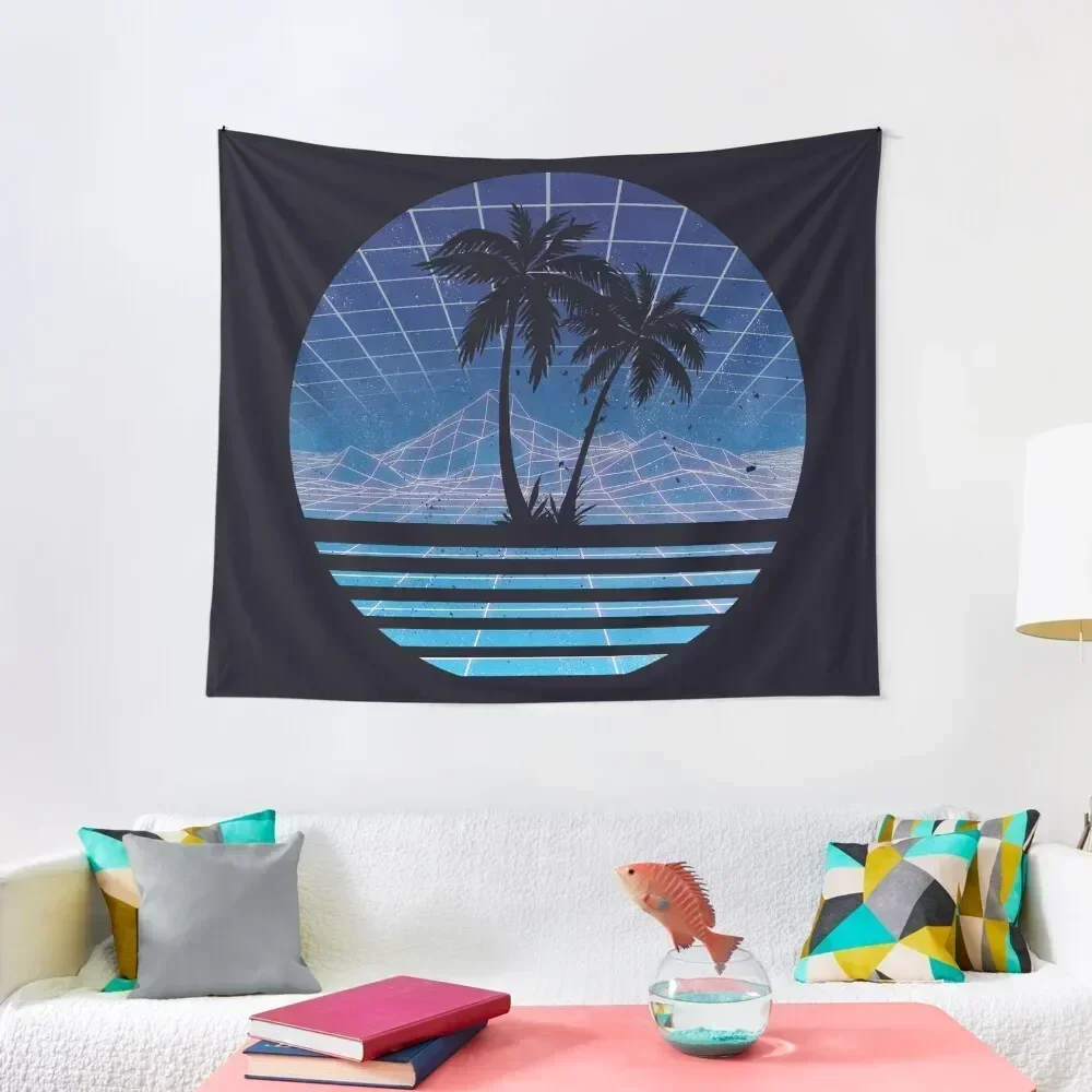 Modern Retro 80s Outrun Sunset Palm Tree Silhouette - Blue Tapestry Anime Decor Outdoor Decoration Tapestry