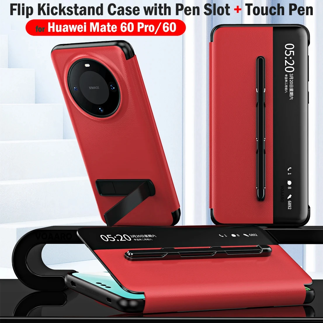 Smart Touch View Flip Leather Case Funda for Huawei Mate 60 Pro Case Foldable Kickstand Holder Cover with Pen Slot & Touch Pen