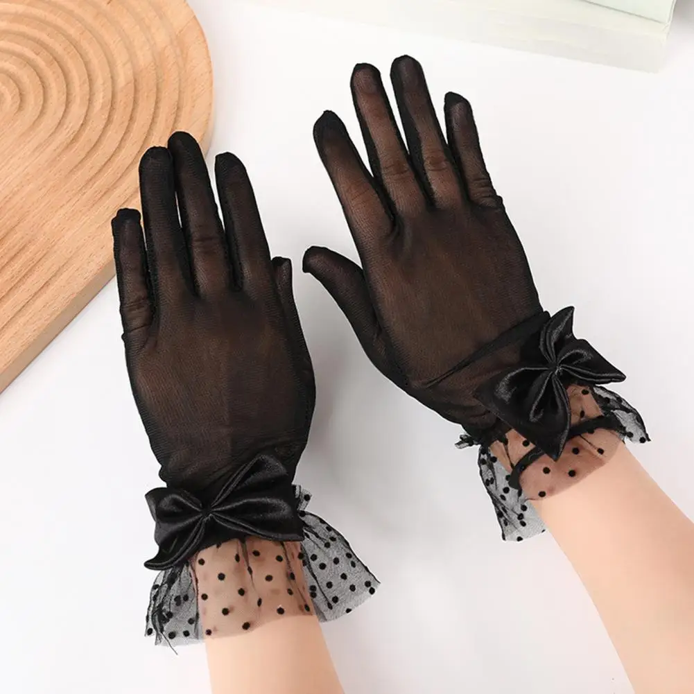 Vintage Gloves Lace Bow Decor Women's Prom Gloves for Bride Wedding See-through Fishnet Ruffle Edge