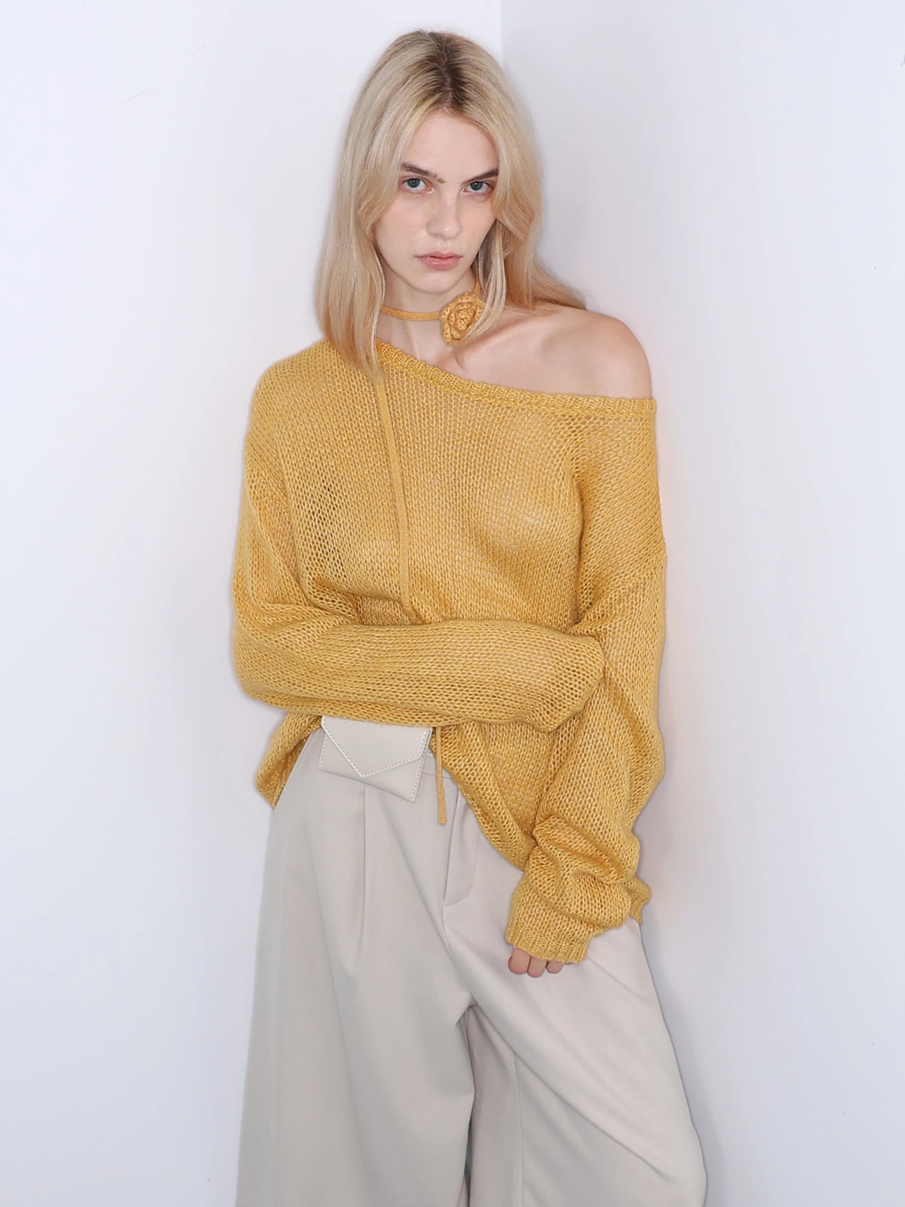 

Вязаный свитер JDE оранжевого цвета с длинными рукавами, свободный, удобный, в стиле оверсайз, с асимметричным вырезом на плече, осенне-зимний повседневный топ