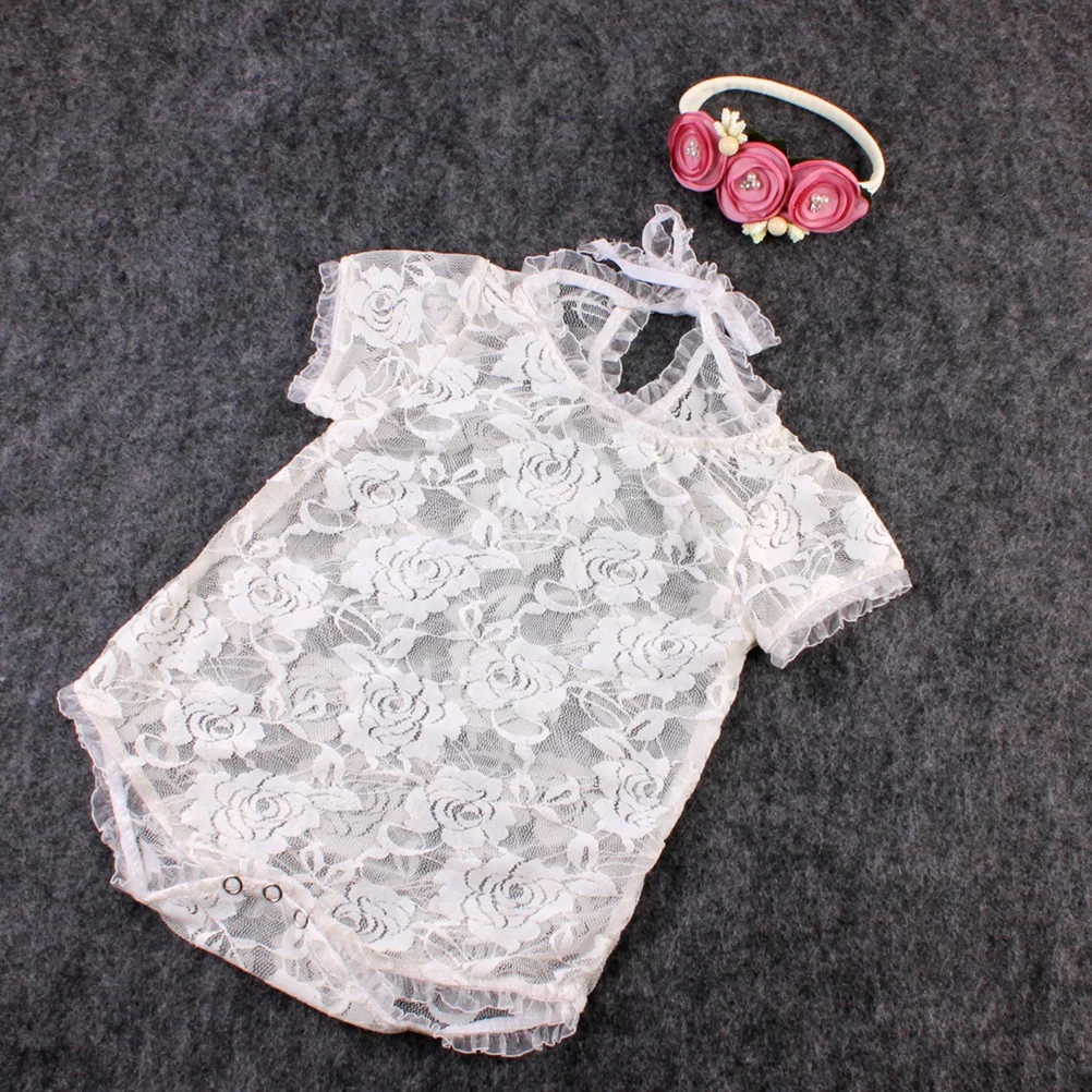 

Climbing Suit White Body Lace Bodysuit for Baby Girl Jumpsit with Headband Tights Photo