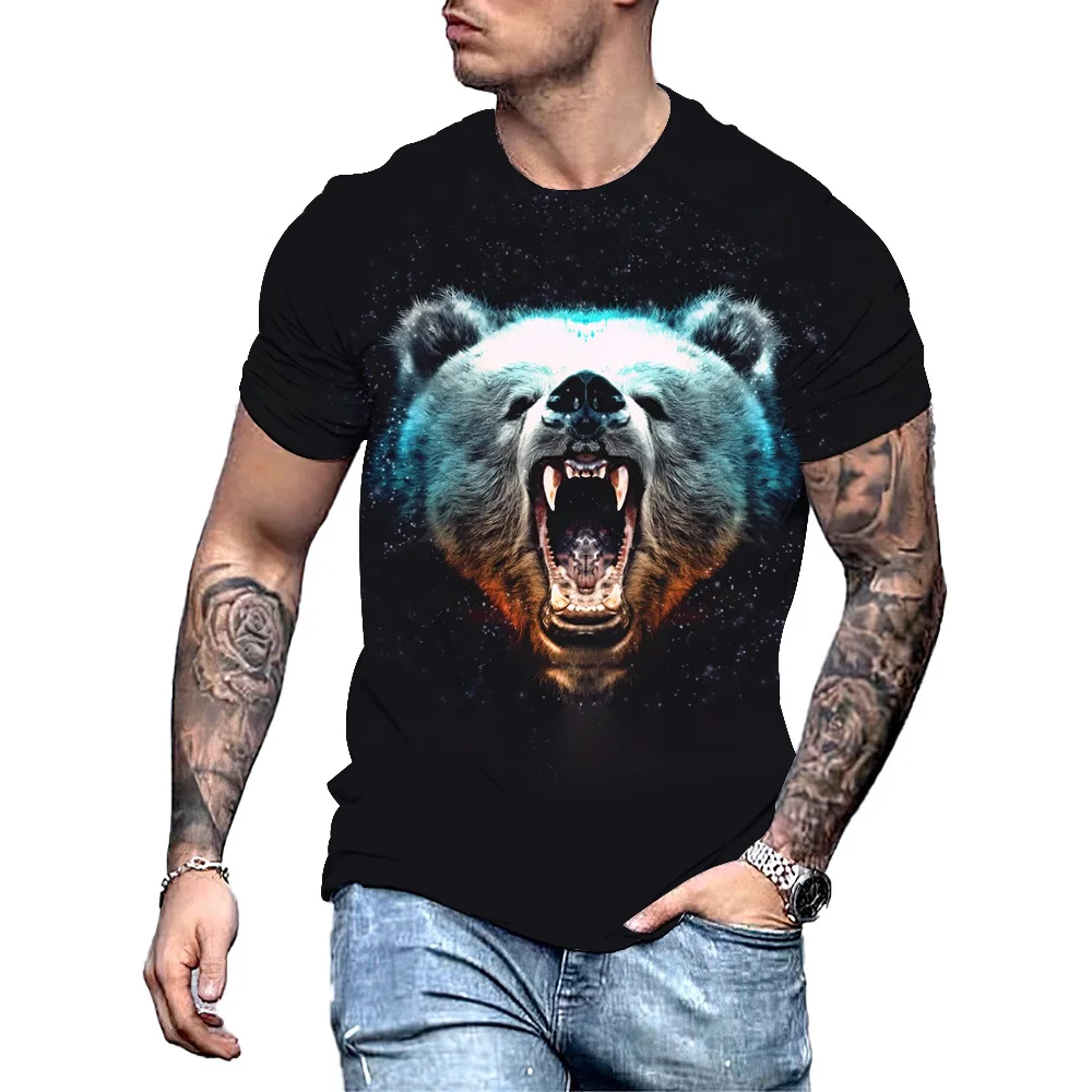 Big Bear 3D Print Summer Men\'s Round Neck T-shirt Casual Short Sleeve Oversized Pullover Fashion Streetwear Trend Men Clothing