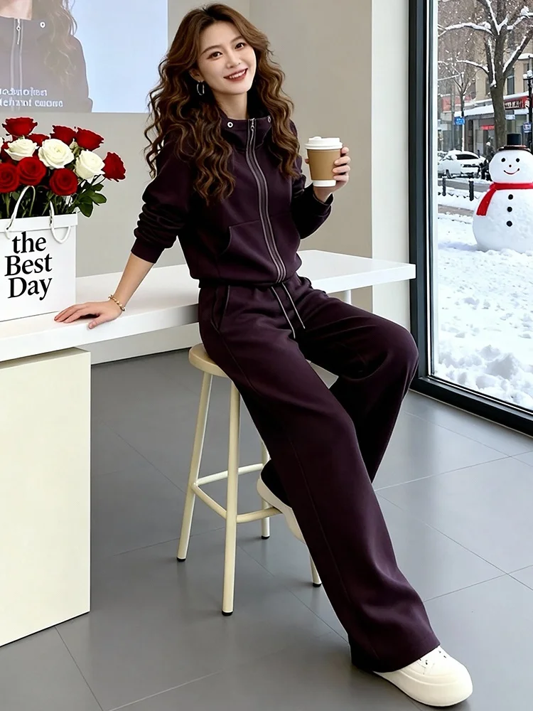 

Elegant Purple Outerwear Top And Wide Leg Pants Casual Sporty Two Piece Set for Women Comfortable High Waist Spring Outfit