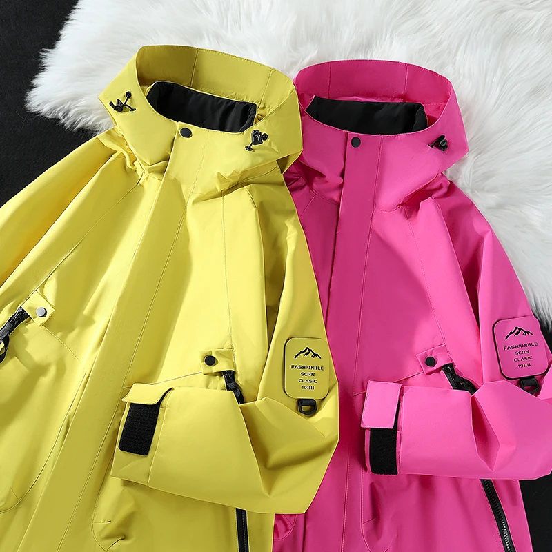 Unisex Hooded Hiking Jacket Waterproof Windbreaker Badge Patch Multi‑Zipper Pockets Men Women Outdoor Camping Travel Outer Coat