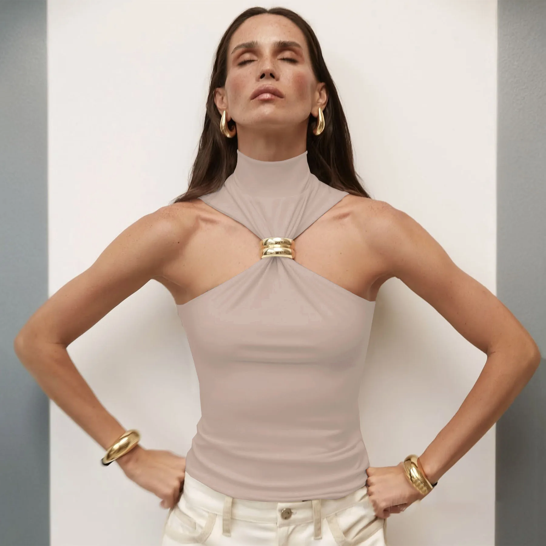 2025 new arrival spring and summer women's wear golden ring sleeveless off-the-shoulder tank tops for women