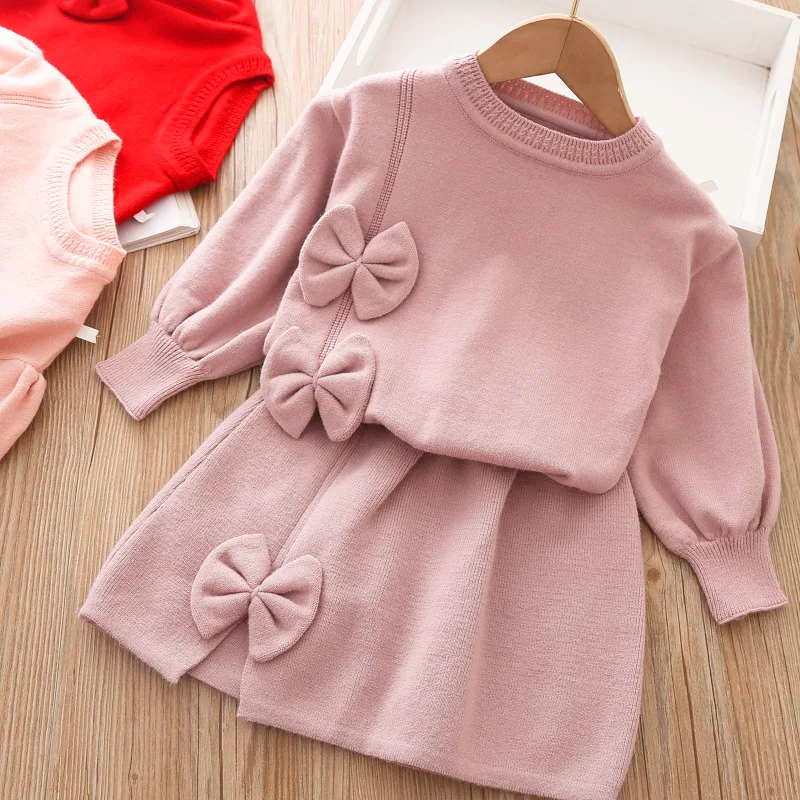 Girls Knitted Long sleeved Set Skirt Autumn/Winter New Warm Baby Bow Sweater Half length Skirt Korean casual two-piece set