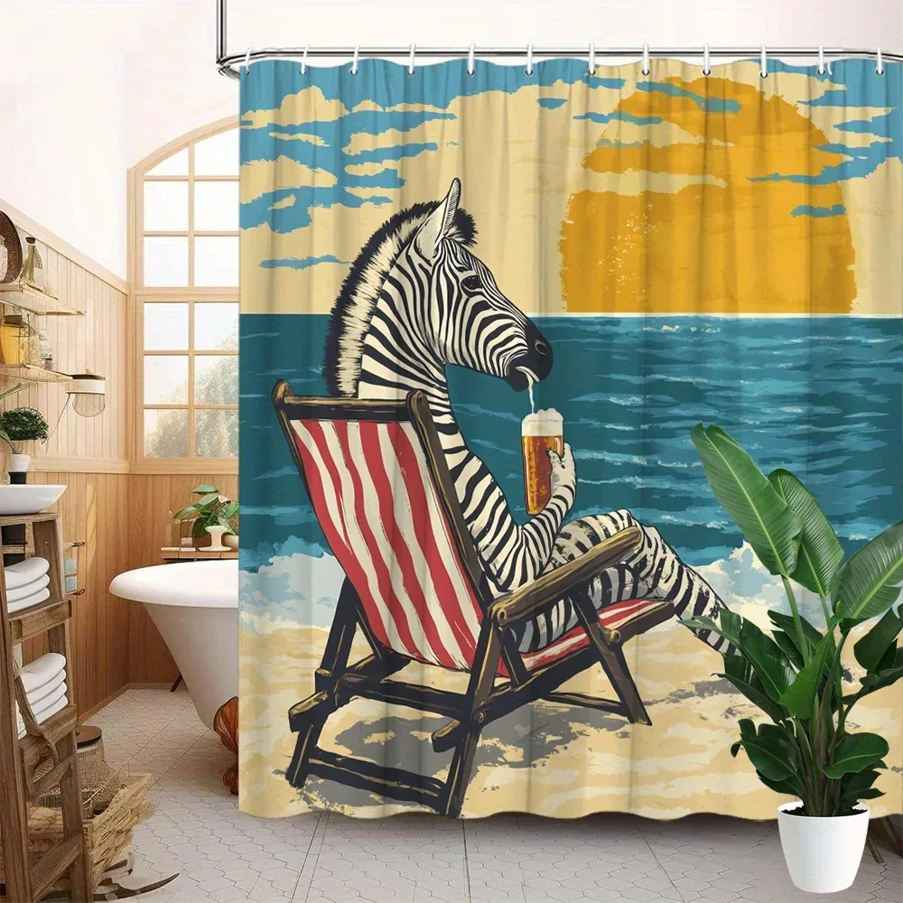 ~O~1pc Zebra Beach Chair Shower Curtain - Vintage Style, Playful Human-like Zebra Sitting on Striped Beach Chair, Polyester Home