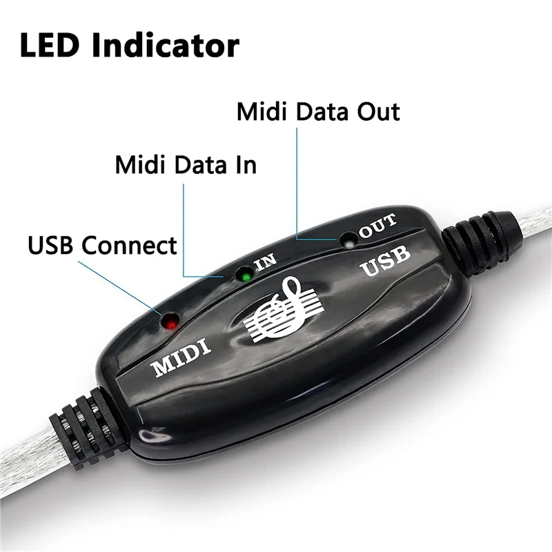 2X USB MIDI مهائي كابلات، USB نوع A ذكر إلى MIDI Din 5 Pin In-out Cable Interface مع مؤشر LED للوحة مفاتيح الموسيقى-PZW