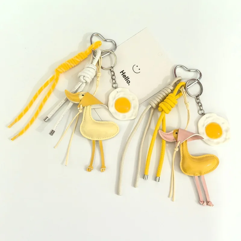 Kawaii Leather Sun Hat Duck Doll Keychain Handmade Funny Fried Egg Keyring Charm Girl Bag Purse Keyfob Accessory Ornament Gift