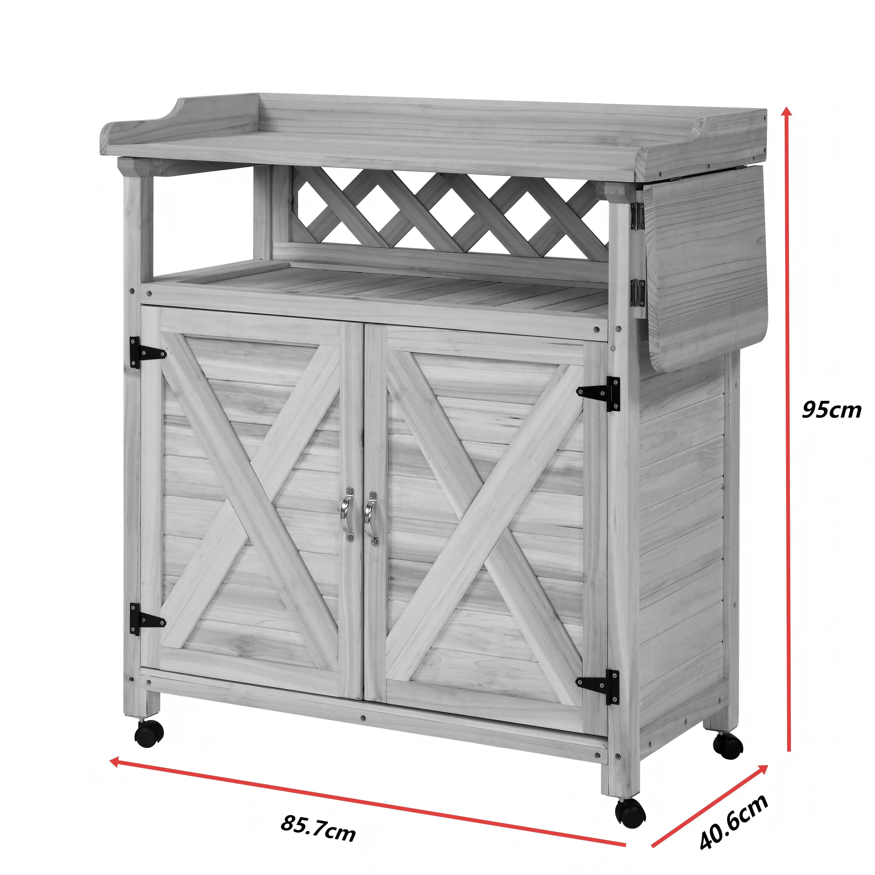 Wholesale Grey Color Wooden Potting Bench with Wheels Storage Cabinet and Foldable Shelf for Garden Work Table