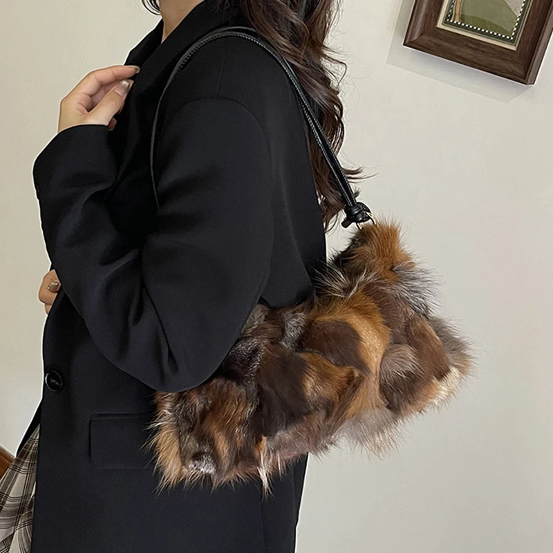 Faux Fox Fur Shoulder Bag For Women Luxurious Design Spliced Handbags Autumn Winter American Fashion High Street Armpit Bags