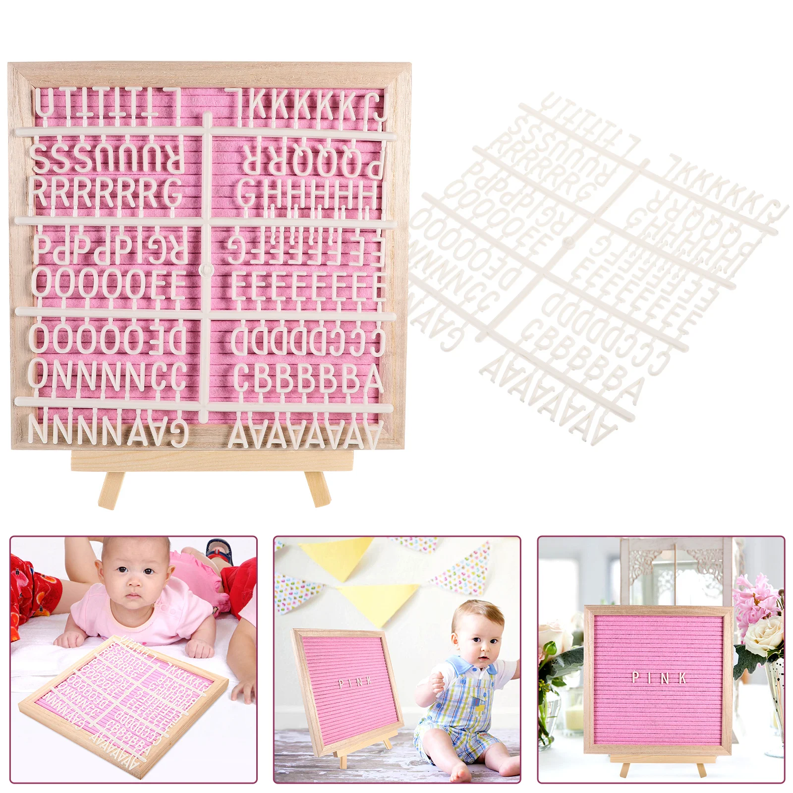 Placa de feltro com 240 letras, moldura de madeira rosa, dupla face, chá de bebê, casamento, aniversário, natal, decoração de casa, placa de mensagens, fotos
