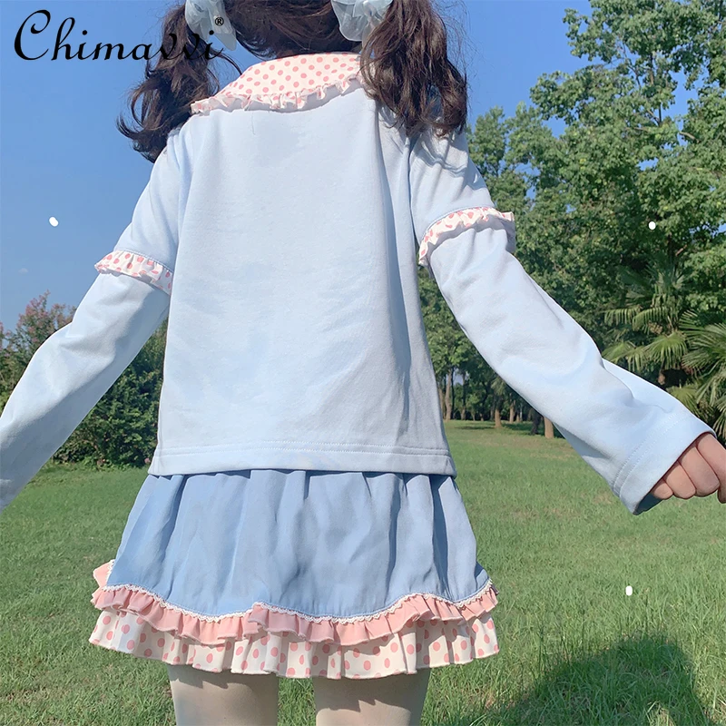 Sweet Cartoon Cat Daughter Suit Spring New Cute Girl Loose Long-sleeved Lapel Loose Student Kawaii Pullover Sweatshirt Y2k Tops