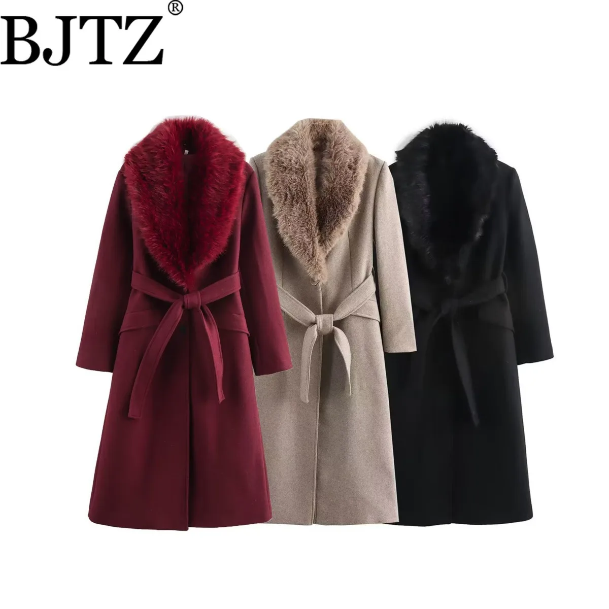

BJTZ Women's Fashion Fur Collar Belted Tie-waist Elegant Slim Fit Black Wool Coat 2025 Autumn Winter New Trend