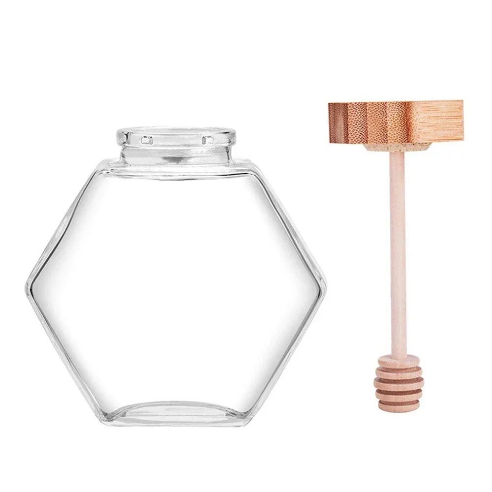 Hexagonal Glass Honey Bottle with Wooden Honey Pot Stirring Rod Sealing Clear Jam Jar Kitchen Home Storage 100/220/380ML