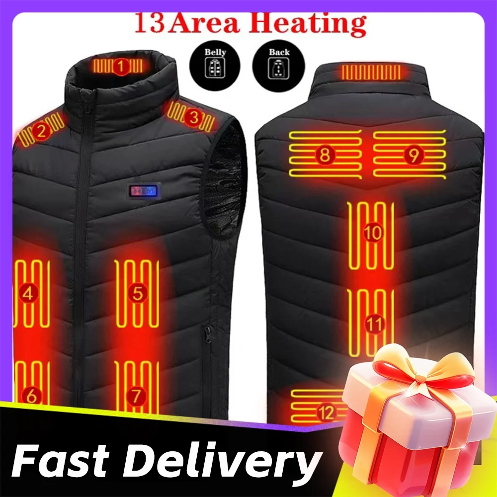 13 Places Areas Thermal Waistcoat Washable USB Winter Heated Jacket Oversized 5XL Electric Heated Vest for Sports Hiking