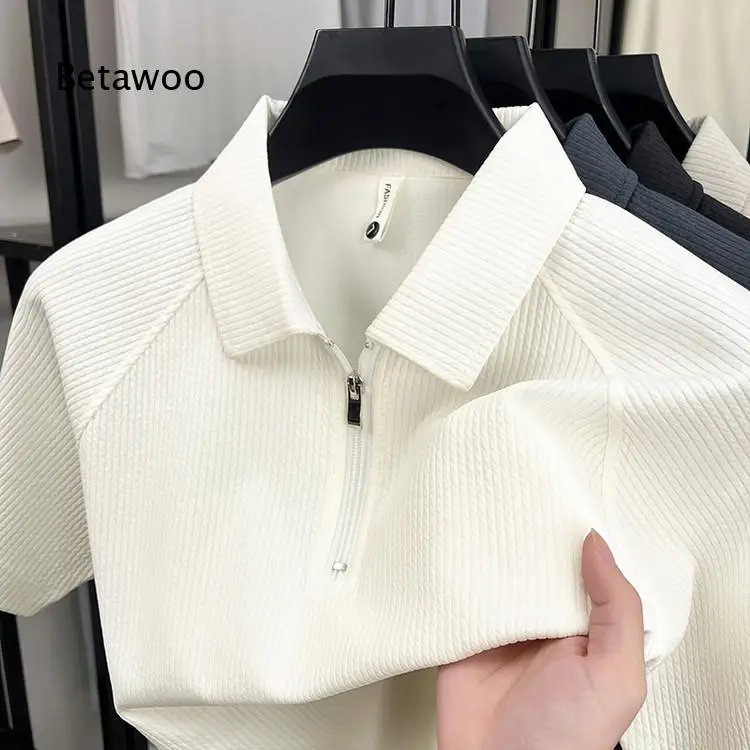 Mens Solid Color Half Zip Polo Shirt Summer Turn Down Collar Short Sleeve T Shirt Loose Casual Side Slit Top For Multiple Daily