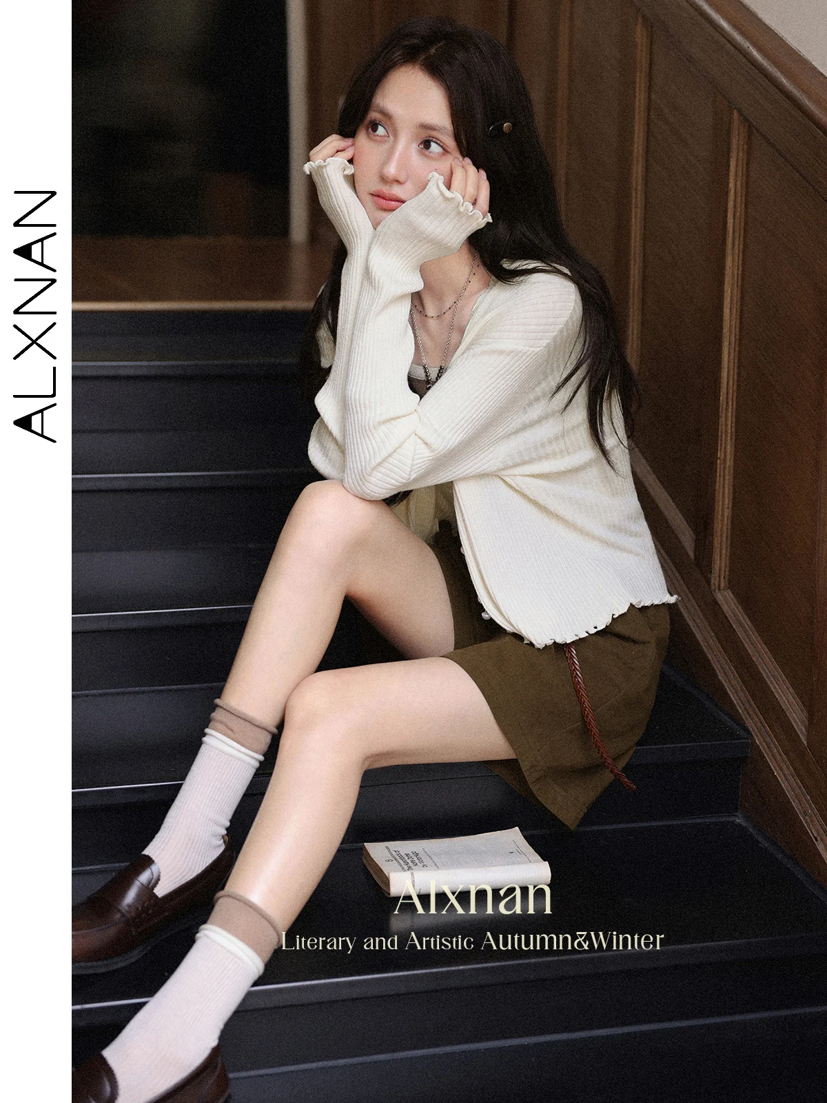 

ALXNAN Women's Knitted Cardigan 2025 Autumn Ruffled Cropped Sweaters Elegant Apricot Thin Casual Long Sleeve Tops Female L56755