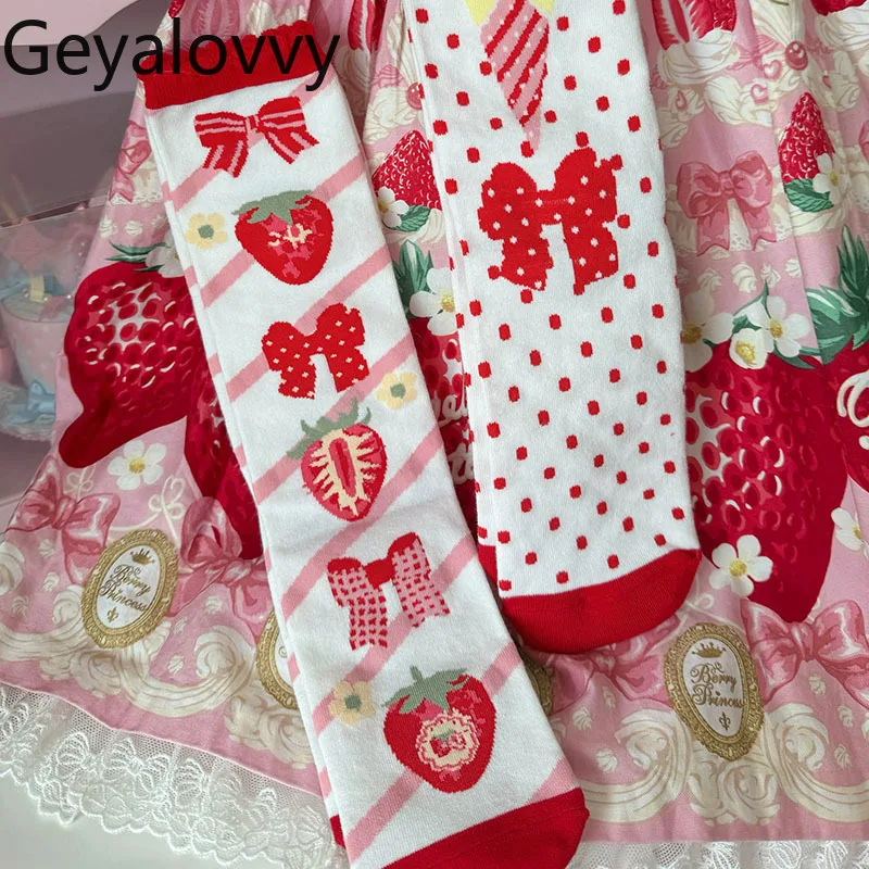 الأصلي الفراولة طباعة الحلو لطيف الفتيات الجوارب الطويلة القوس البولكا نقطة لوليتا الدانتيل الجوارب متوسطة أنبوب جورب المرأة اليابانية Sockings #4