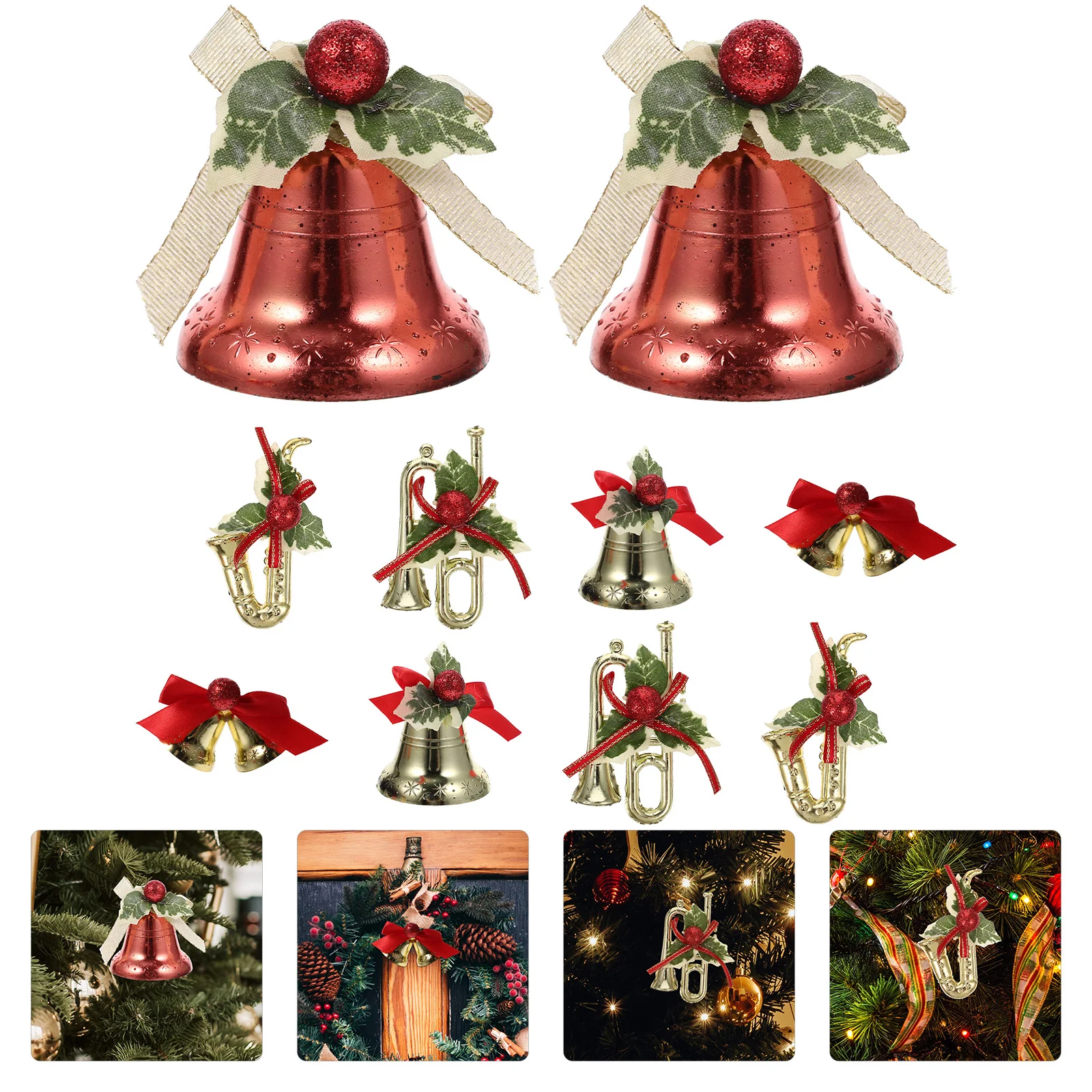 

10Pcs Christmas Flower Bow Bell Ornaments Decorative Xmas Tree Hanging DIY Crafts Material for Xmas Party Decor