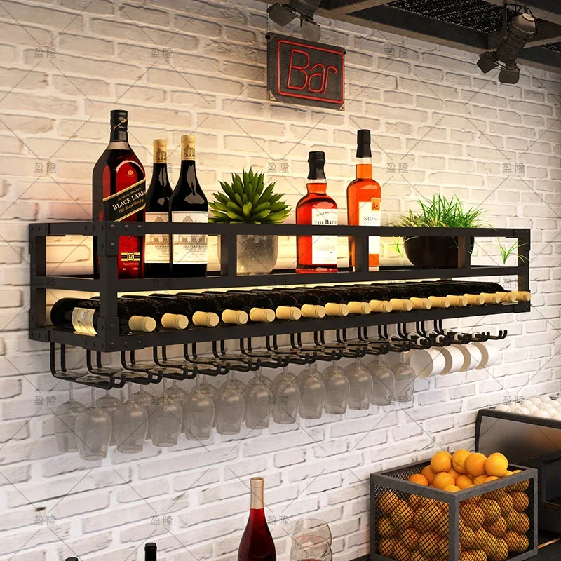 

Simple wall, wine shelf, bar counter, wrought iron, red wine glass, glass holder upside down, hanging wine cabinet shelf in dini