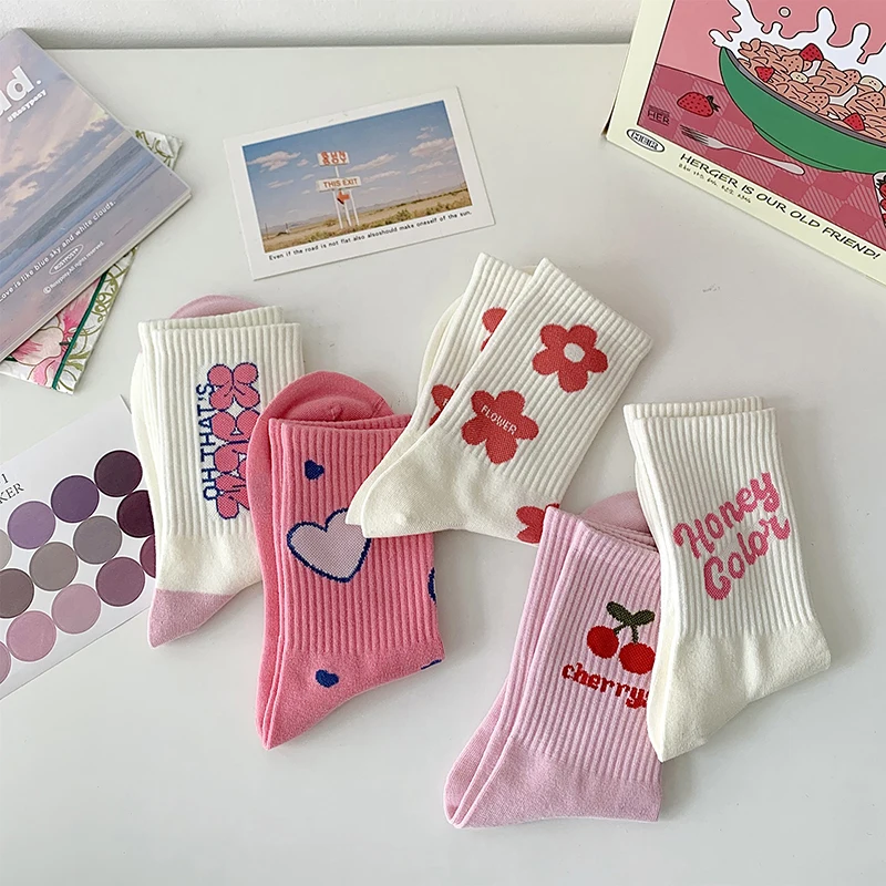 Pink Flower Women Socks Fashion Cute Sweet Harajuku Cotton Socks Casual Korea Japanese Kawaii Girls Calcetines