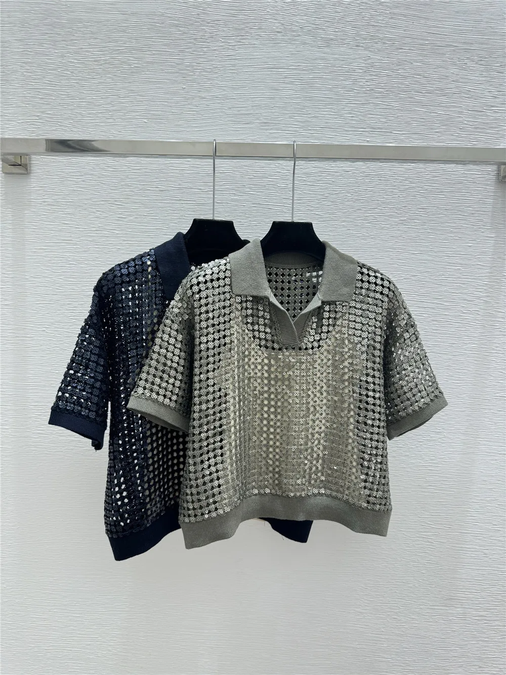 

26 Spring/Summer New Polo Collar Sequin Openwork Knit Top Stylish Commuter Short-Sleeve Pullover