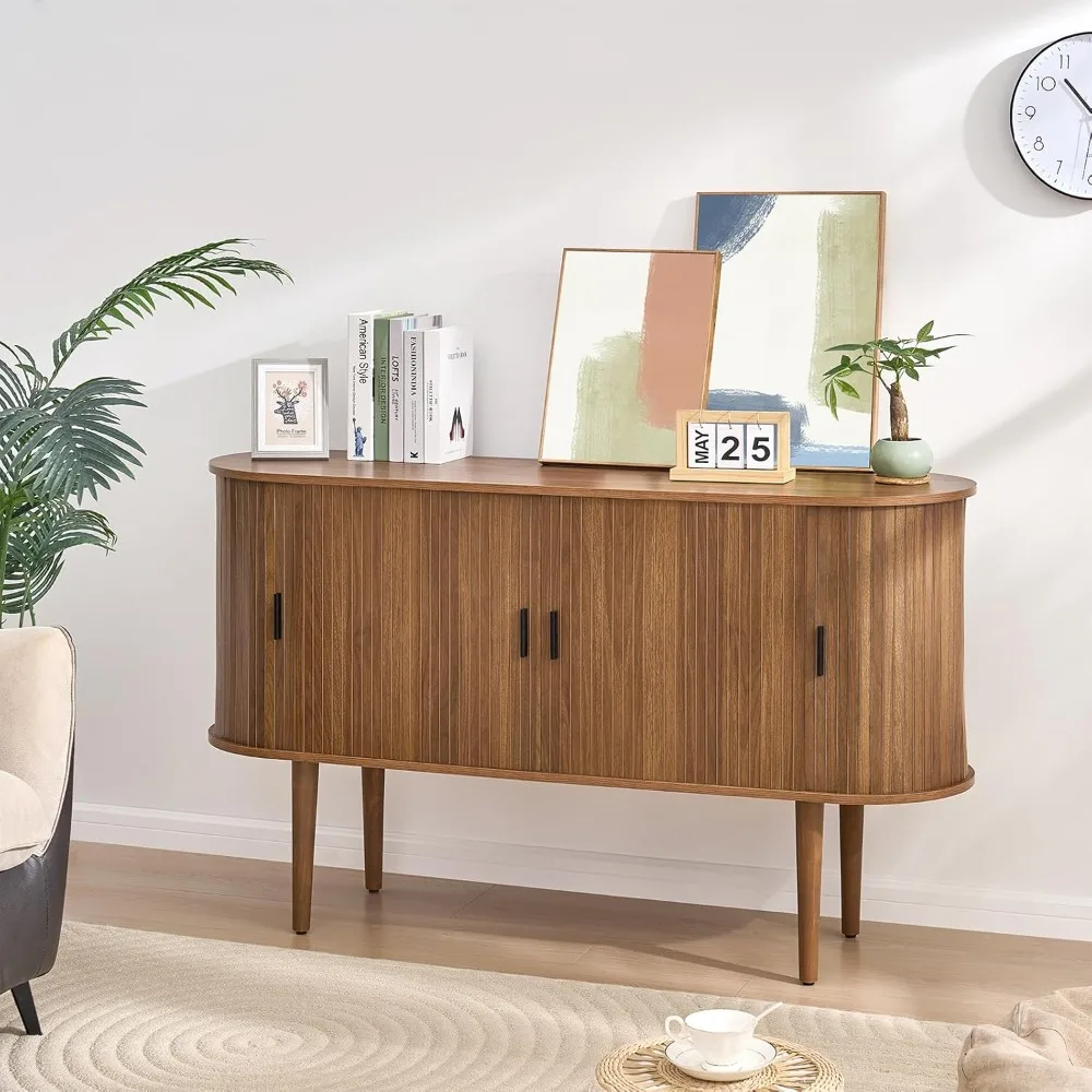 

55 Mid-Century Modern Buffet Cabinet with Adjustable Shelves, Sliding Doors & Walnut Finish for Dining Room, Living Room, Entryw