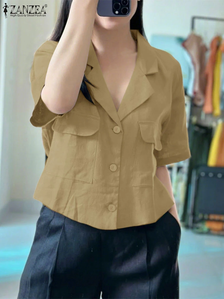ZANZEA 2025 قمصان صيفية أنيقة بلون واحد للسيدات نصف كم بلوزة جيب غير رسمية بدلة ياقة أزرار ملابس علوية للسيدات للمكتب