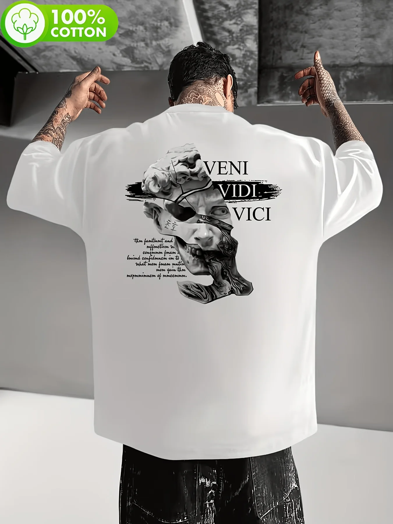 Unisex Y2K Streetwear Vintage Gothic Oversized Veni Vidi Vici Statue Graphic T‑Shirts, Cotton Fabric Casual Short Sleeve Tees