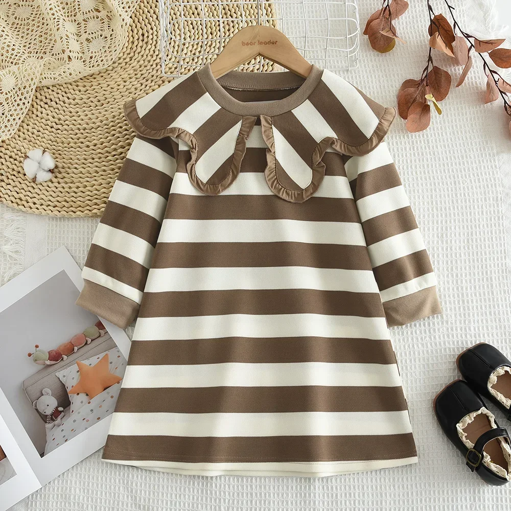 

Korean Version Khaki Striped Lapel Dress Autumn Long Sleeved Girls Clothes Cute Children's Clothing Spring Casual Dresses