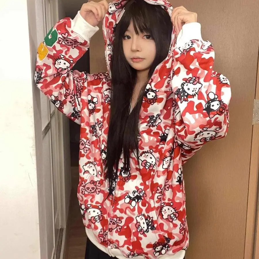 Sanrio Hello Kitty Fashion American Design 100% Cotton Print Camo Zipper Hooded Sweater for Women Men Y2k Oversize Loose Hoodie