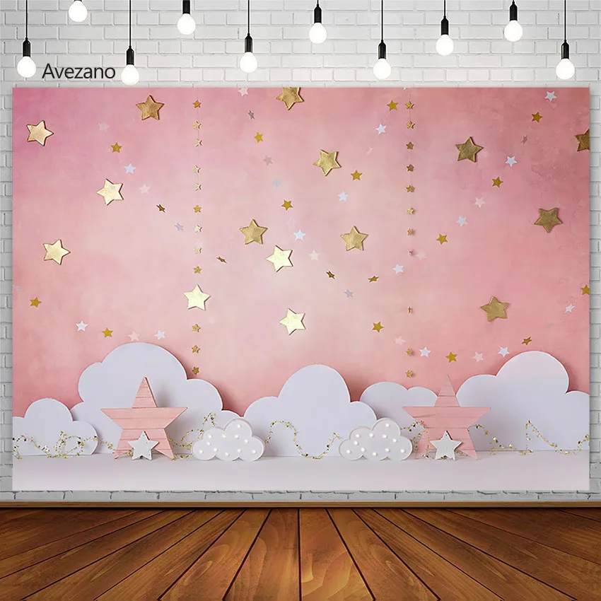 

Golden Twinkle Star Background Photography Pink Wall Cloud Newborn Girl Birthday Portrait Decor Backdrops Photo Studio Photozone