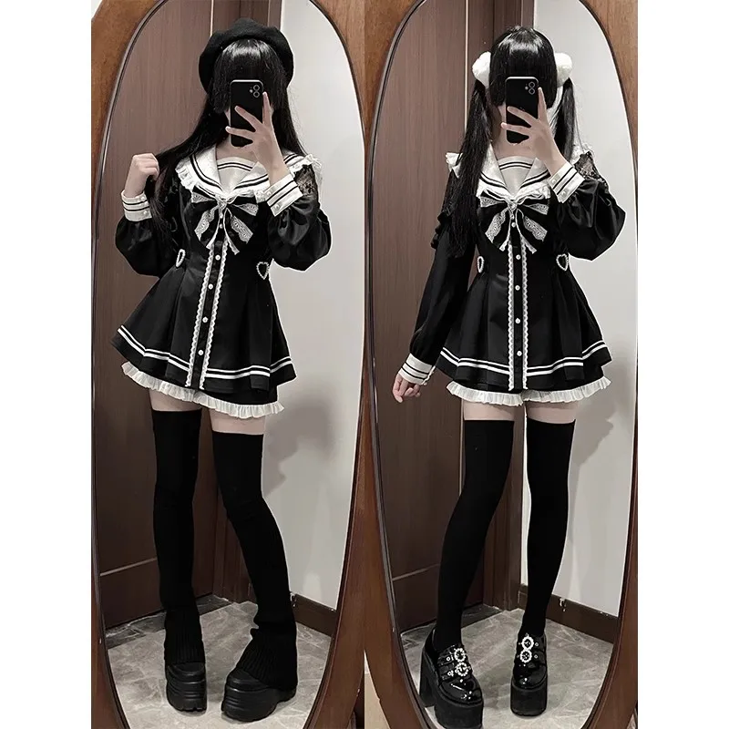 Japanese Mine Style Sailor Collar Lace Bow Long Sleeve Slim Mini Dress High Waist Bottom Shorts Sweet Lolita Two Piece Set Women