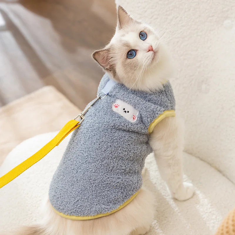 Clothes Cat Clothing Autumn Winter Warm Thick Waistcoat Tractable Two Feet Pet Clothes Dog Accessories Built-in Traction Port