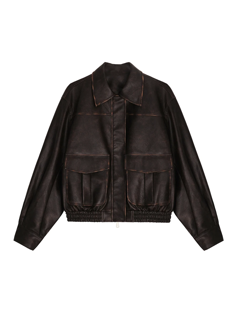 Retro Brown PU Leather Jaet Women's Motorcycle Jaet Small Size  plus Commute Sle Loose Fit Water Waed Leather