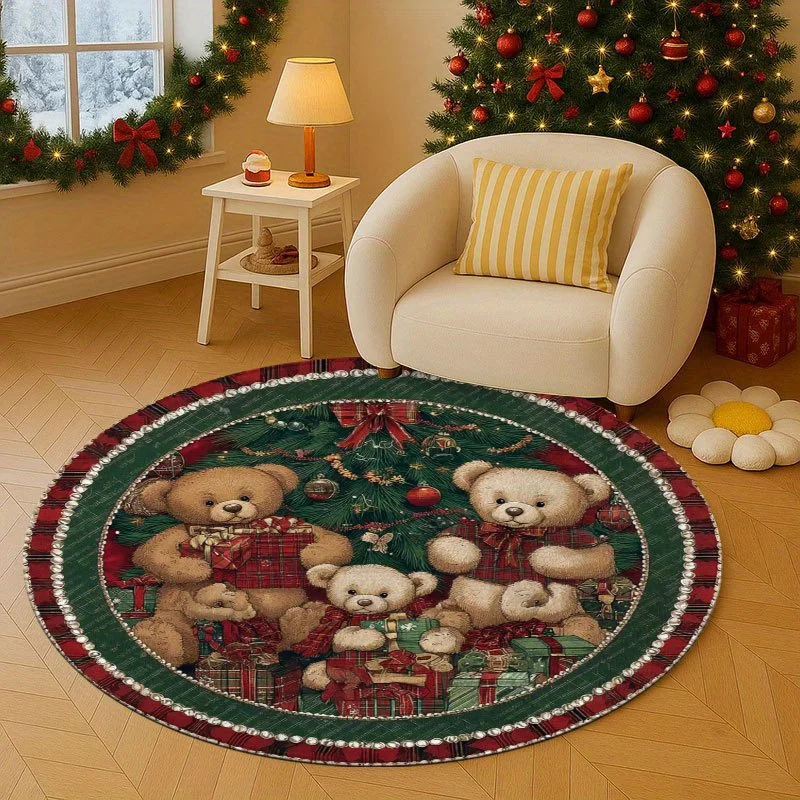 Merry Christmas Round Rug Green Xmas Tree Red Baubles Star Holiday Floor Area Carpet for Home Living Room Bedroom Decor