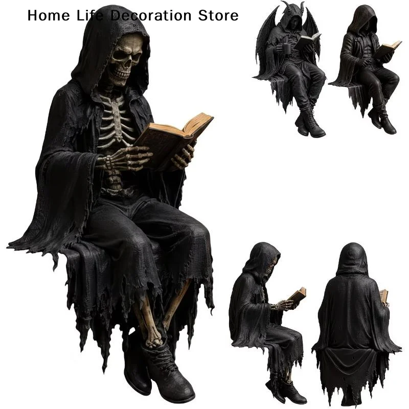 【H】Grim Reaper Reading Statue Resin Black Hooded Skull Miniature Figurine Halloween Home Desktop Ornaments Gothic Decor