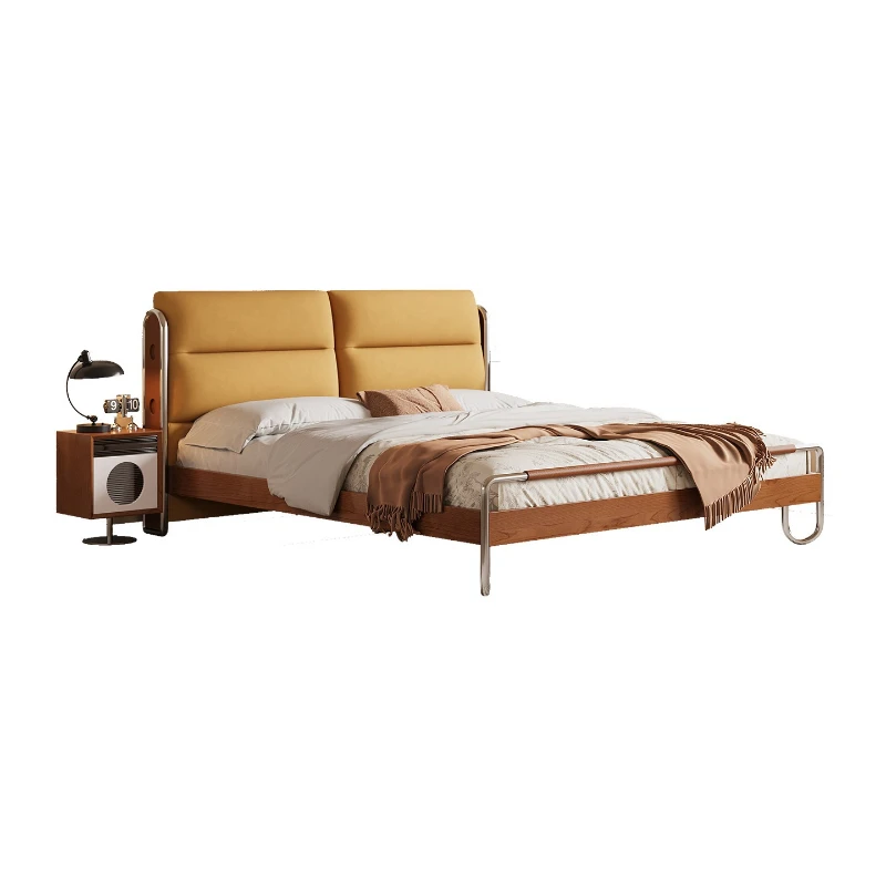 French retro, Chinese solid wood bed, home, retro soft bag bed