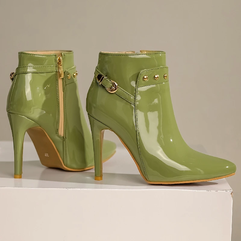 Fashion Women\'s Ankle Boots Patent Black Green Short Boot Point Waterproof High Heels Party Dance Shoes Female Large Size 45 50