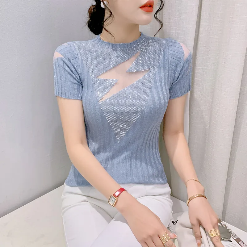 2023 New Summer Knitted T-Shirt Chic Sexy Patchwork Mesh Bright Shiny Diamonds Women Tops Short Sleeve Drill Stretchy Tees 34096