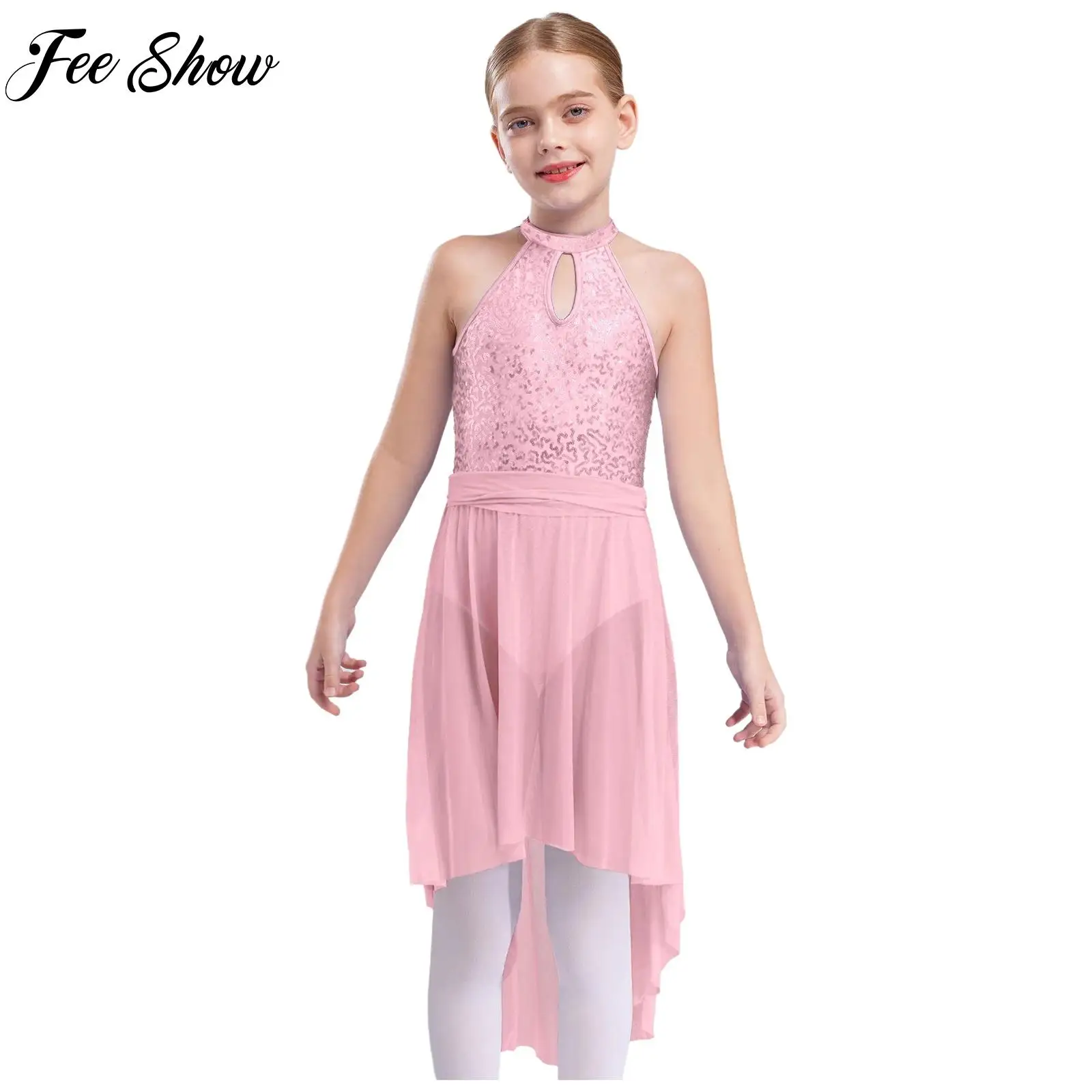 

Kid Girl Sleeveless Lyrical Modern Dance Dress Performance Costume Shiny Sequins Hollow Back Irregular Hem Veil Dress Party Wear